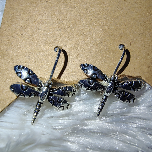 Silver Tone 90s  Dragonfly Earrings/ Sturdy Hook Backs/ See Info SZ - Picture 1 of 5